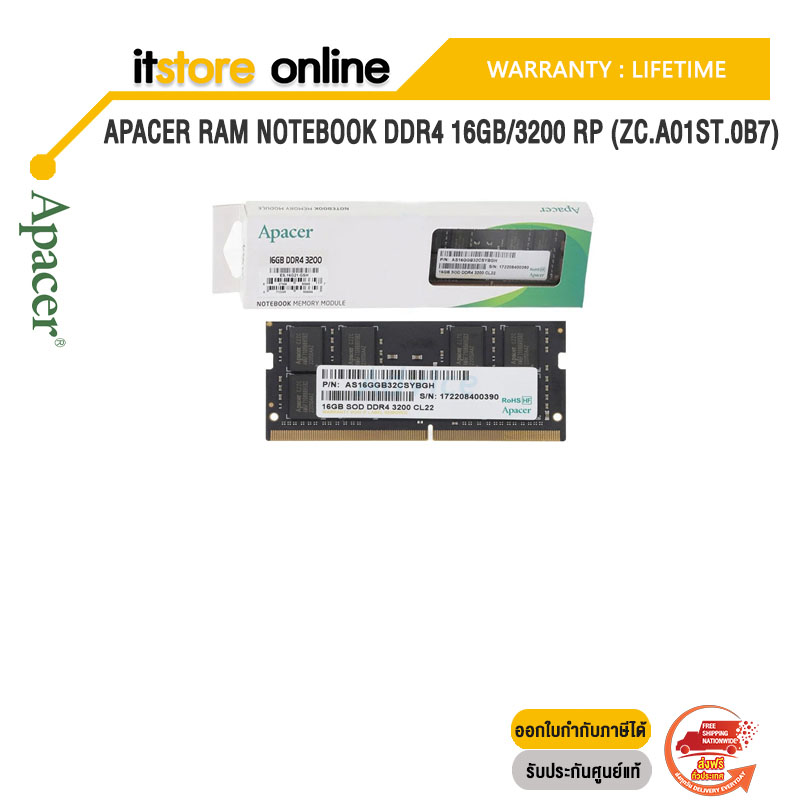 APACER RAM NOTEBOOK DDR4 16GB/3200 RP (ZC.A01ST.0B7)/Warranty Lifetime/BY ITSTORE-ONLINE