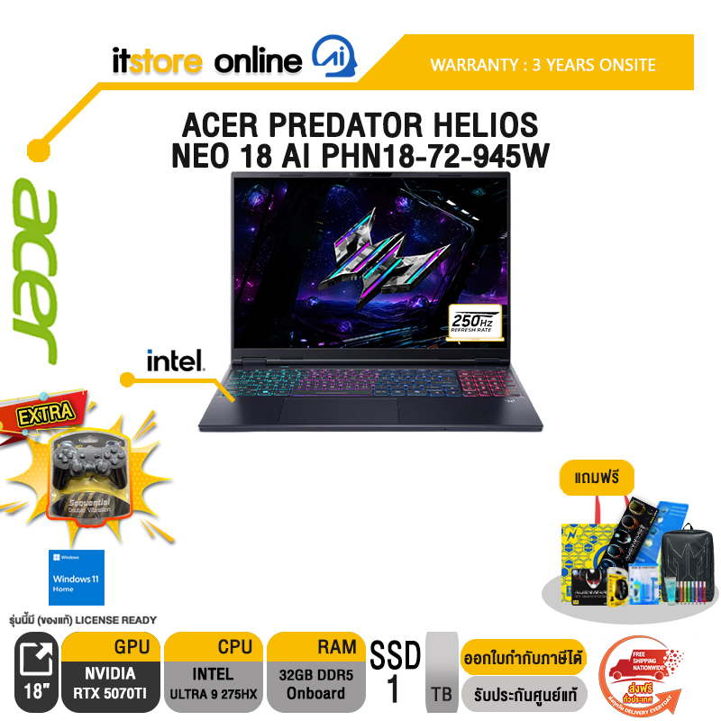 ACER PREDATOR HELIOS NEO 18 AI PHN18-72-945W /Ultra 9 275HX/ประกัน 3 Years Onsite/BY ITSTORE-ONLINE