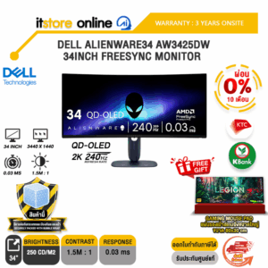 [ผ่อน 0% 10 ด.]DELL ALIENWARE34 AW3425DW-34INCH FREESYNC MONITOR (QD-OLED 2K 240Hz)/ประกัน 3 Years Onsite/BY ITSTORE-ONLINE