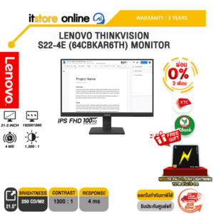 [ผ่อน 0% 3เดือน ]LENOVO THINKVISION S22-4E (64CBKAR6TH) MONITOR (IPS FHD 100Hz)/ประกัน 3 Years/BY ITSTORE-ONLINE