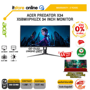 [ผ่อน 0% 10 เดือน]ACER PREDATOR X34 X5BMIIPHUZX 34 INCH MONITOR (QD-OLED UWQHD 240Hz)/ประกัน 3 Years/BY ITSTORE-ONLINE